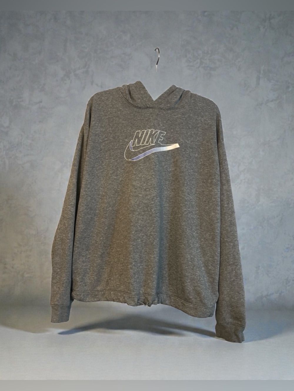 Nike Gray Oversized Hoodie XL Reflective Logo Drawstring Hem